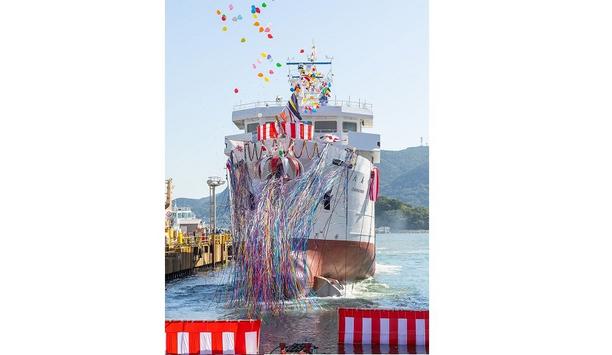 Mitsubishi Shipbuilding holds christening and launch ceremony in Shimonoseki for training ship OSHIMA MARU built for Oshima College