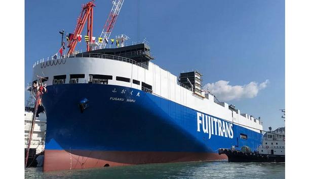 Mitsubishi Shipbuilding holds christening and launch ceremony of new roll-on/roll-off ship - FUGAKU MARU in Shimonoseki, Japan